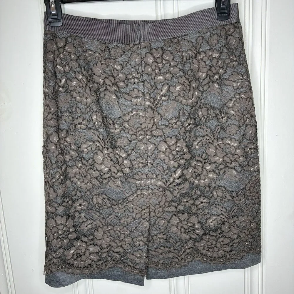 Loft brown lace overlay pencil skirt sz 8 elastic waist knee length feminine